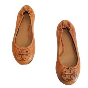 Tory Burch Reva Ballet Flats Tan Brn Leather Logo Slip On, size 7, w/shoe bag